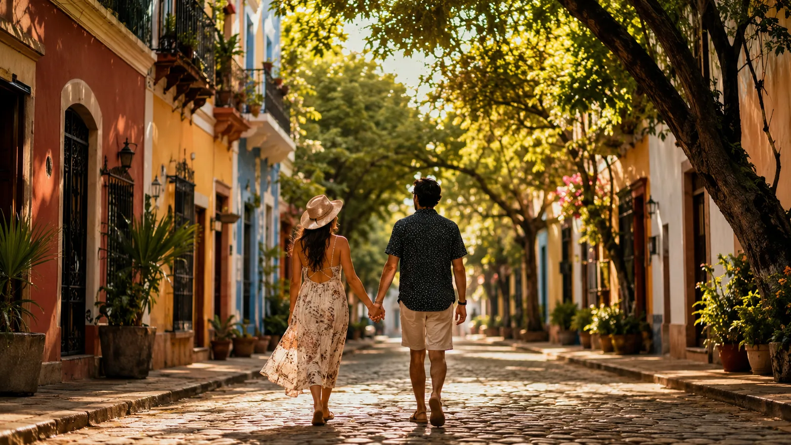 Couple walking hand in hand down a tree-lined cobblestone street in golden afternoon light