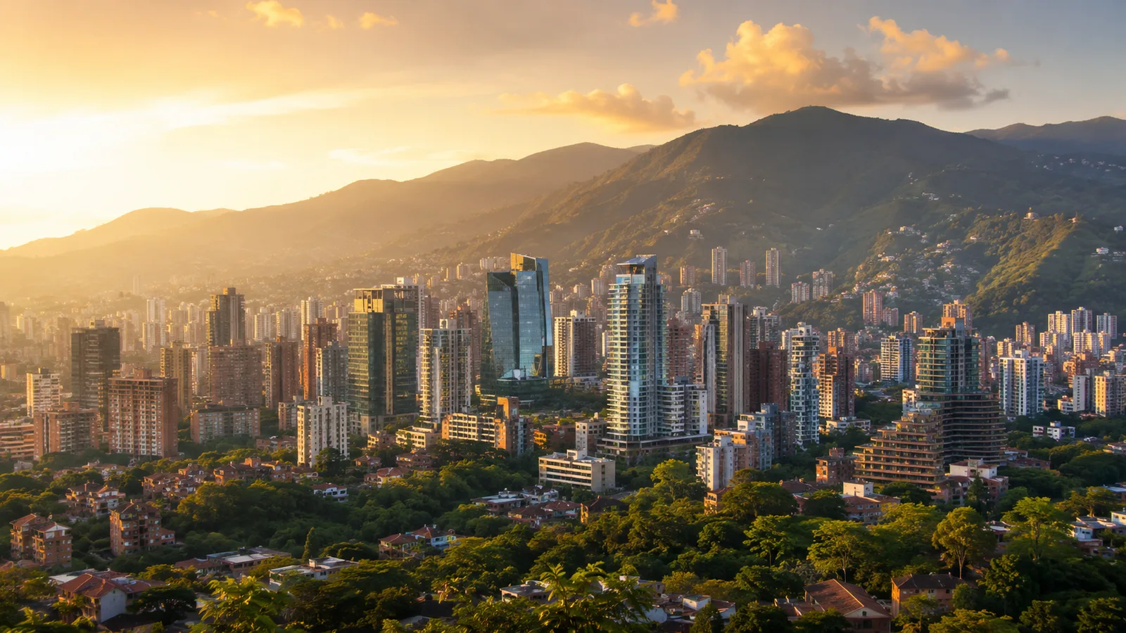 Modern city skyline surrounded by green mountains at golden hour