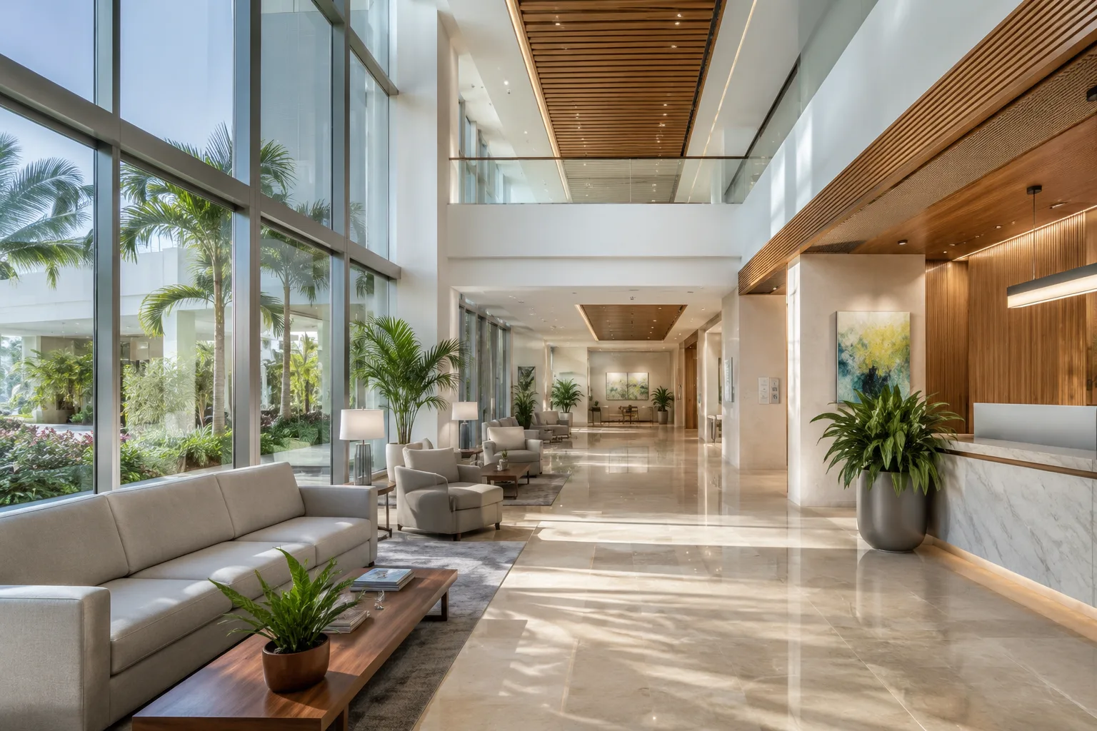 Bright modern hospital lobby with tropical greenery and natural light