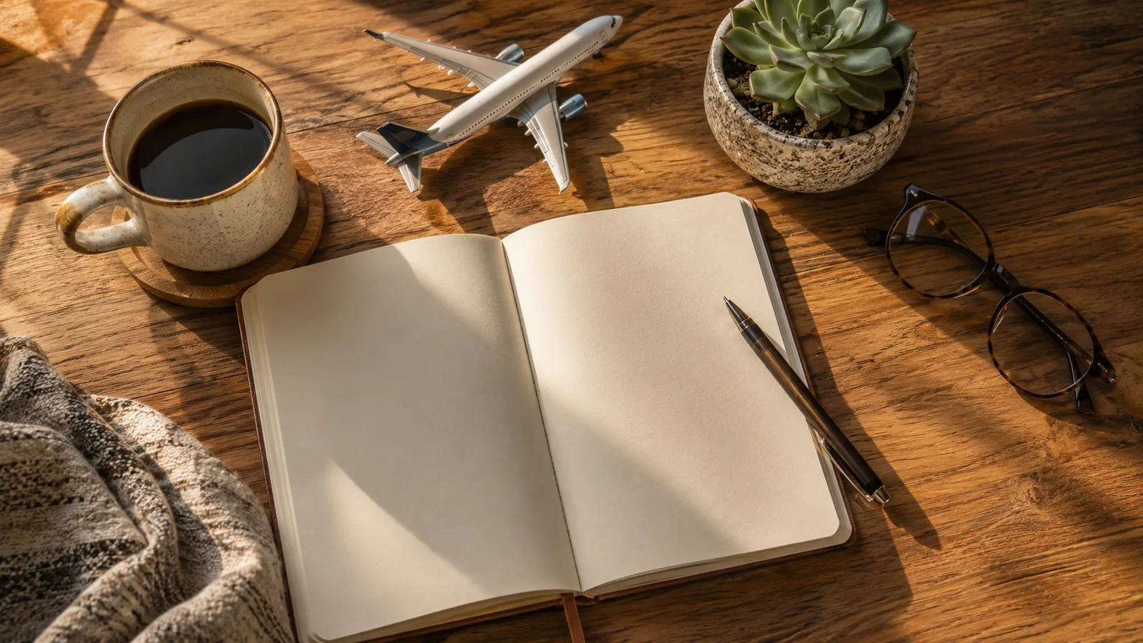 Open journal with coffee, model airplane, glasses and succulent on a warm wooden desk
