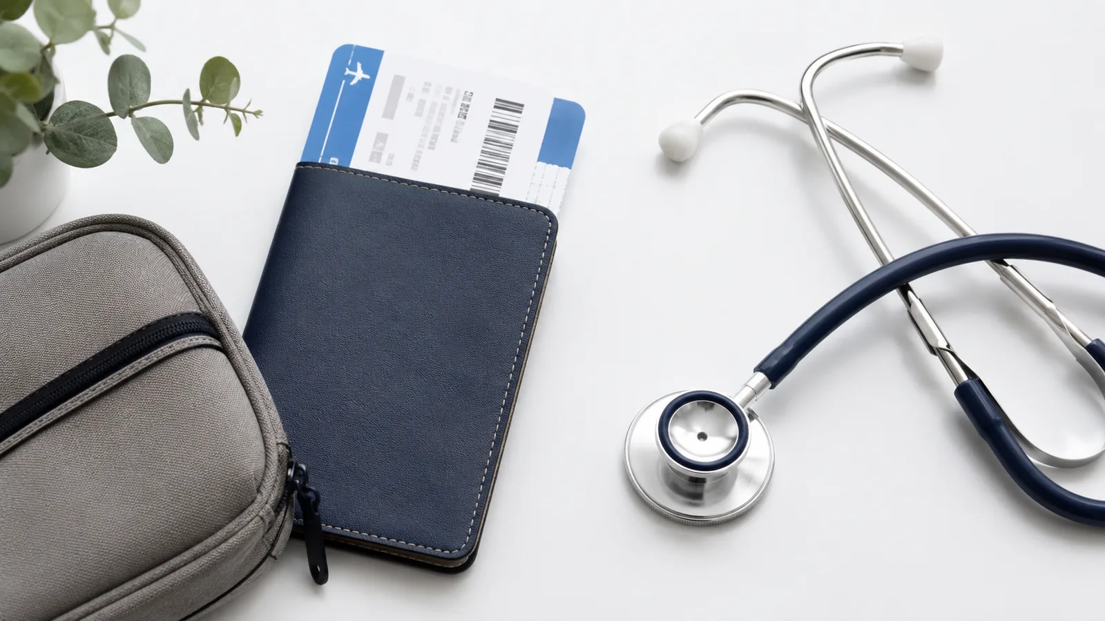 Passport, boarding pass and stethoscope